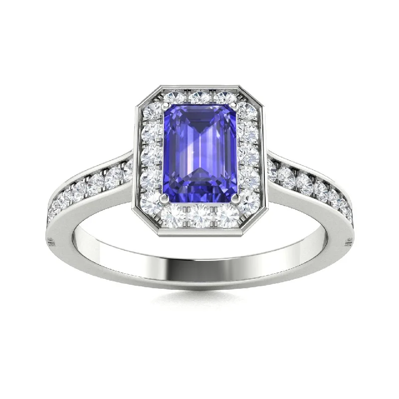 14kt Gold Emerald cut halo set Tanzanite and Diamond Ring (Tanzanite 1.00 cts. Diamonds 0.50 cts.)