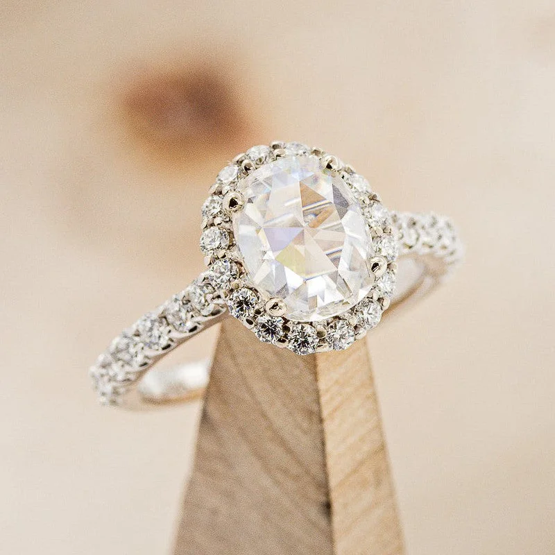 "ADIRA" - OVAL MOISSANITE ENGAGEMENT RING WITH DIAMOND HALO & ACCENTS