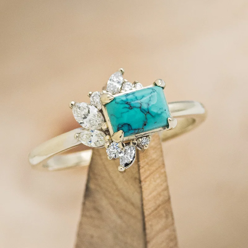 "AURAE" - EMERALD CUT TURQUOISE ENGAGEMENT RING WITH DIAMOND ACCENTS