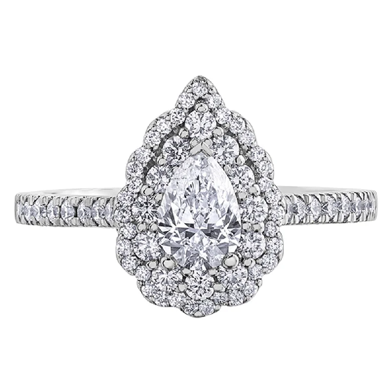 Canadian Accented Pear Shaped Diamond Ring with Double Floral Halo