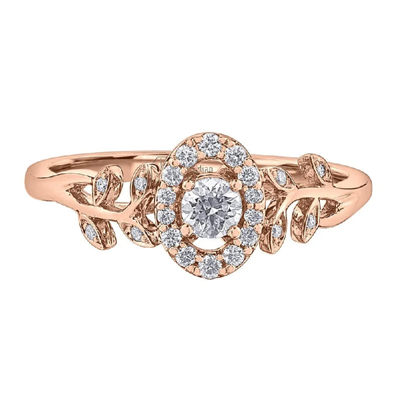 Canadian Oval Halo Diamond Ring with Leaf Accents