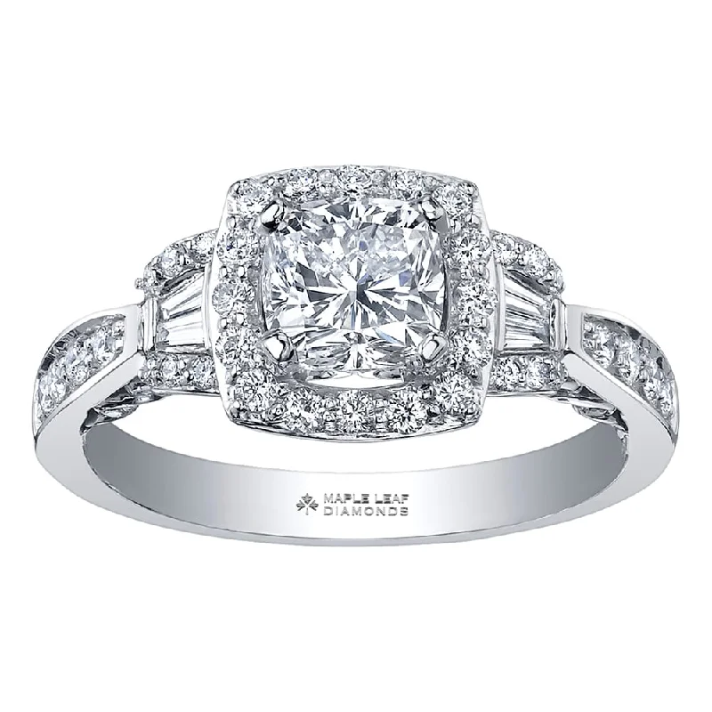 Cushion Cut Canadian Diamond Ring with Round and Baguette Accents