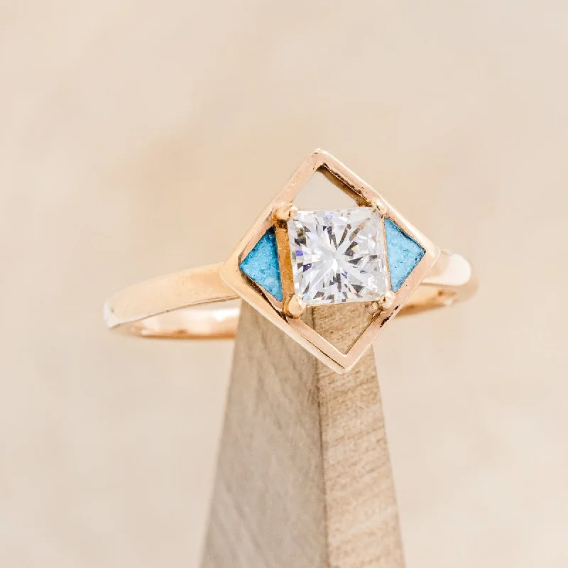 "DAKOTA" - PRINCESS CUT MOISSANITE ENGAGEMENT RING WITH TURQUOISE INLAYS