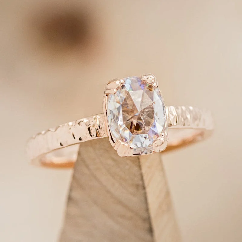 "ELLA" - ANTIQUE CUSHION ROSE CUT MOISSANITE SOLITAIRE ENGAGEMENT RING WITH HAMMERED FINISH