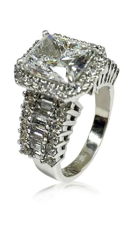 High Quality cubic zirconia Radiant Cut Platinum Engagement Ring with baguette round stones