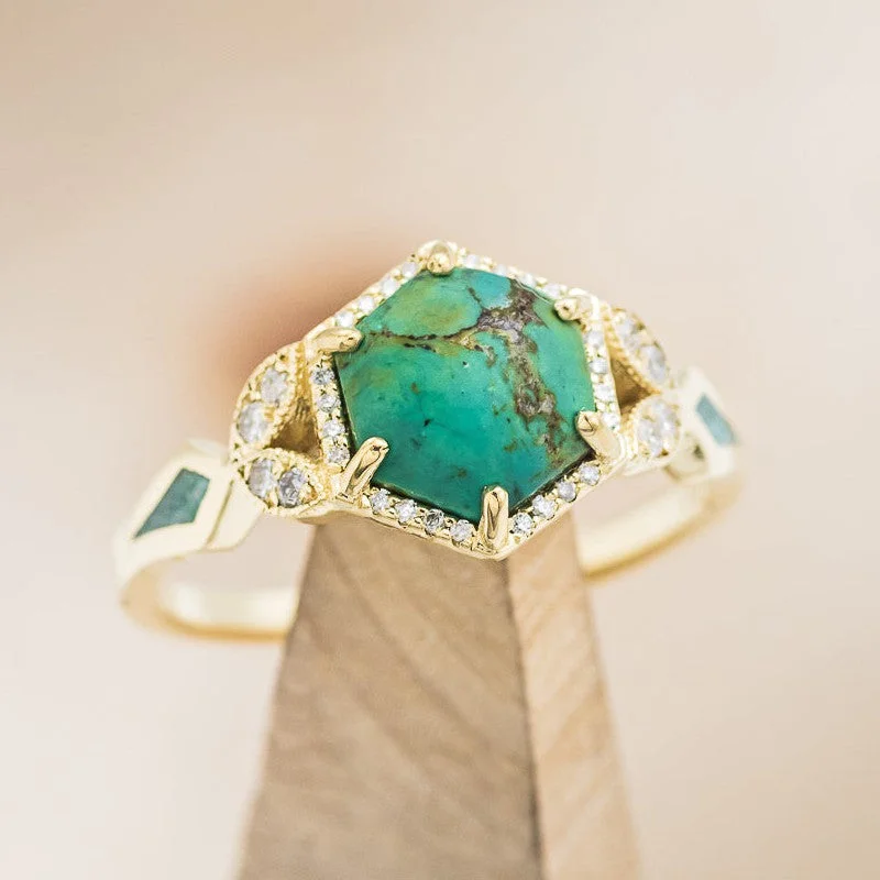 "LUCY IN THE SKY" - HEXAGON CUT TURQUOISE ENGAGEMENT RING WITH DIAMOND ACCENTS & MALACHITE INLAYS