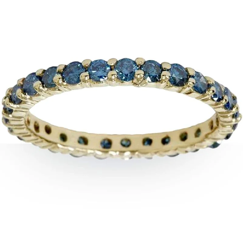 1 1/2ct Round Treated Blue Genuine Diamond Eternity Wedding Ring Yellow Gold