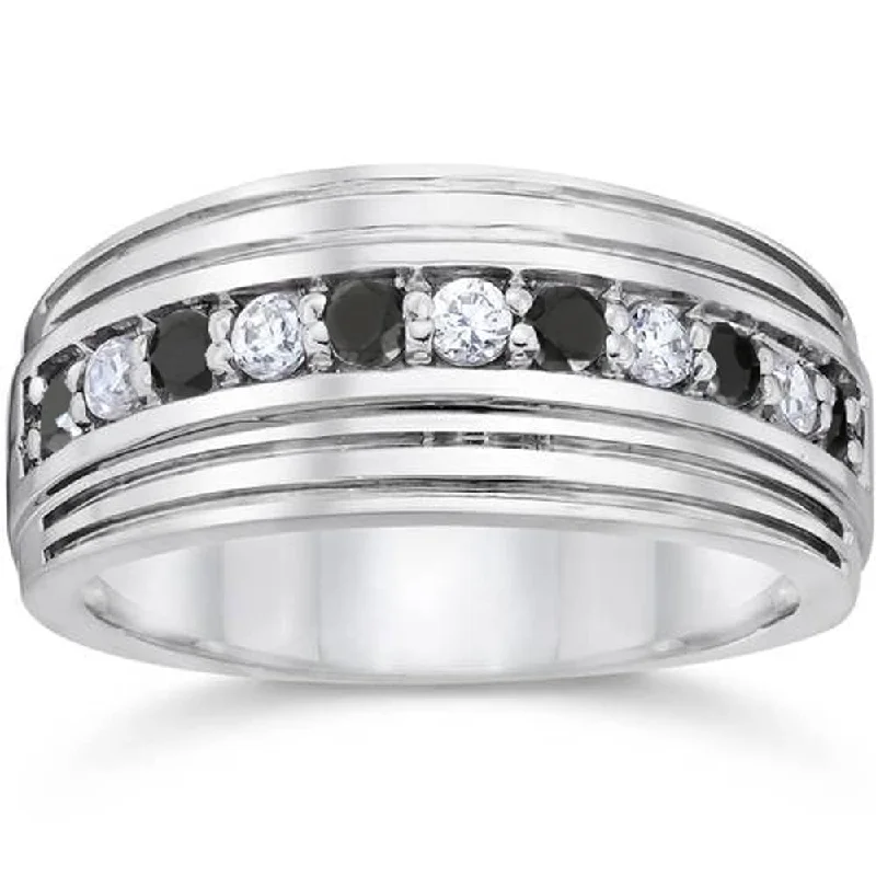 1/2Ct Black & White Diamond Mens Wedding Anniversary Ring 10k White Gold