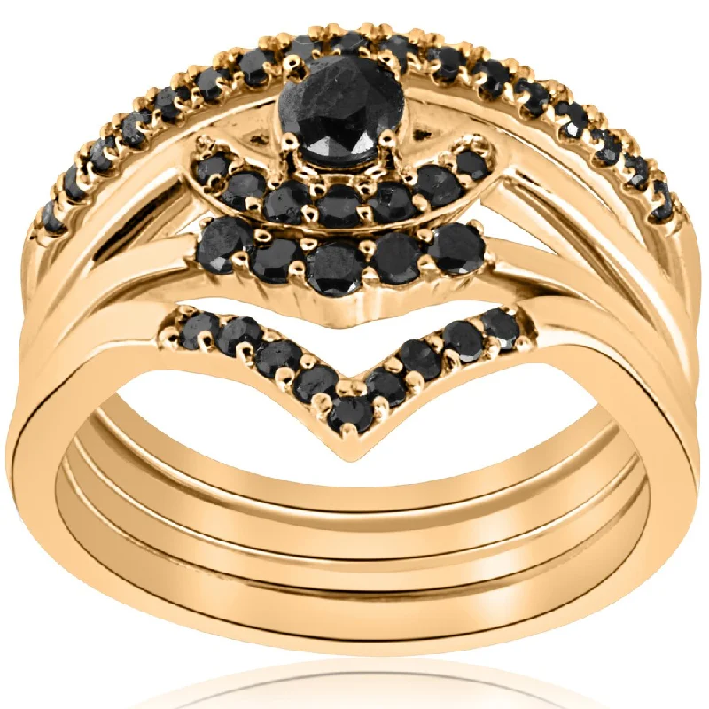 10K Yellow Gold 1/2ct 4-Ring Stackable Black Diamond Curved Wedding Engagement Set