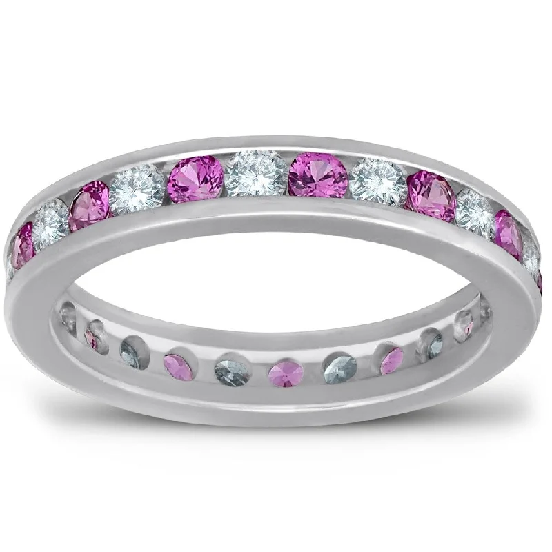 14k White Gold 1 1/2cttw Pink Sapphire & Diamond Womens Channel Set Wedding Anniversary Band