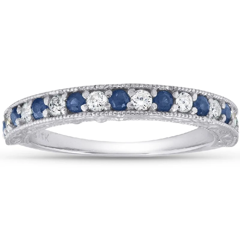 14k White Gold 1/2 Ct TDW Blue Sapphire & Diamond Wedding Ring Vintage Band