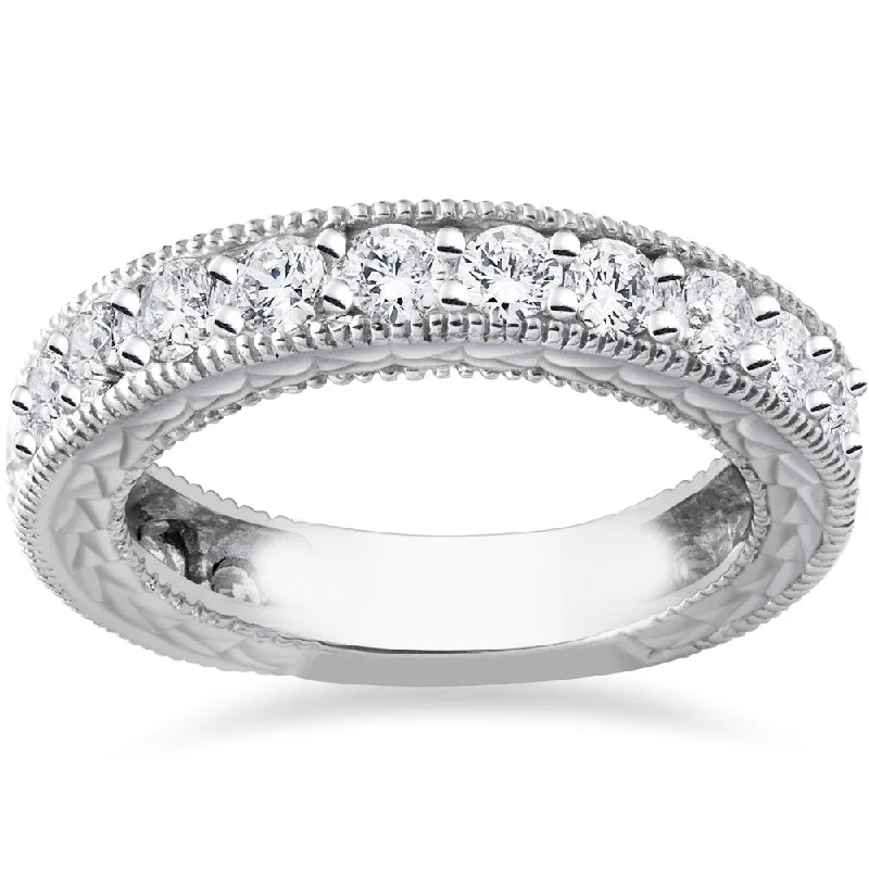 14k White Gold 1 3/8ct TDW Diamond Vintage Hand Engraved Stackable Wedding Ring