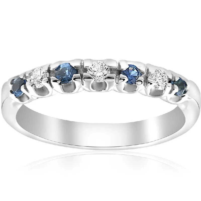 14K White Gold 1/3 ct TDW Diamond & Blue Sapphire Womens Wedding Stackable Ring (I-J,I2-I3)