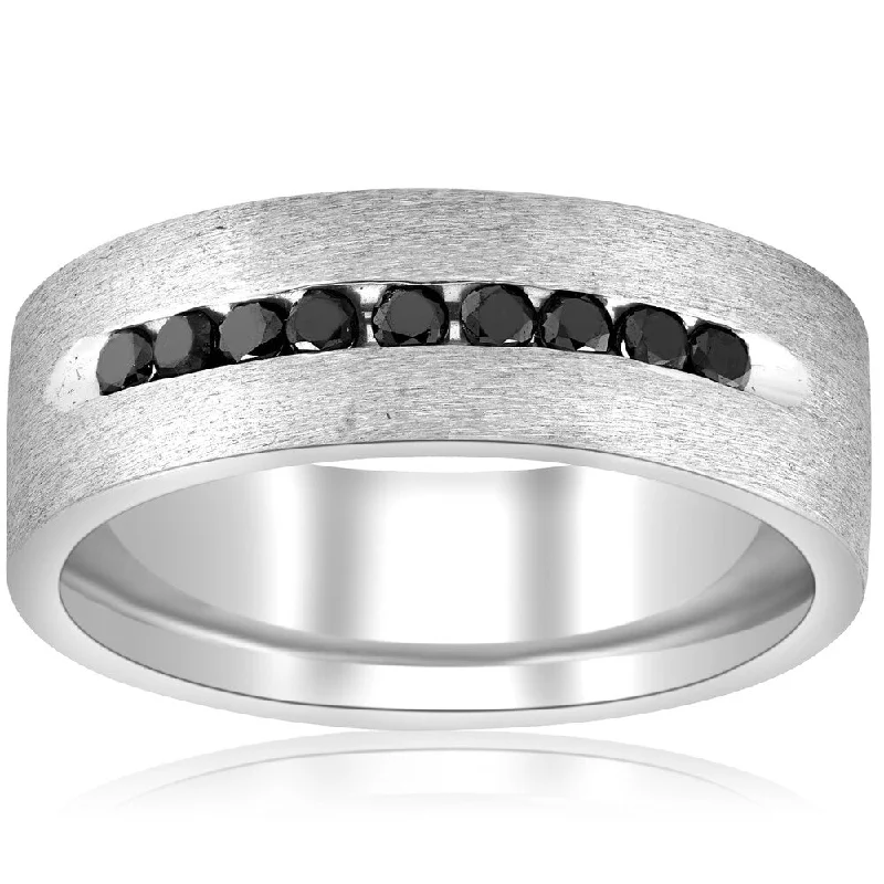 14K White Gold 3/4ct TDW Black Diamond Mens 6 mm Brushed Wedding Band