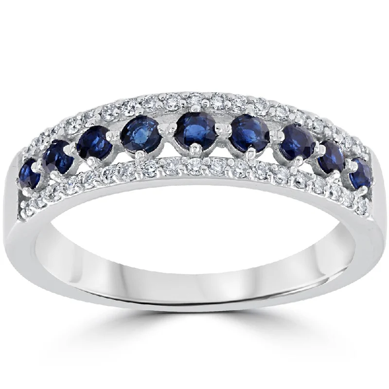 14k White Gold 5/8 cttw Blue Sapphire & Diamond Wedding Ring Womens Anniversary Band