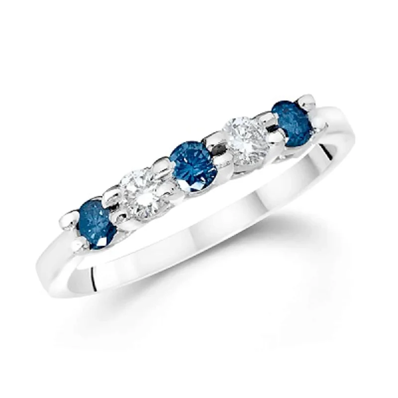 3/4Ct Blue & White Diamond Five Stone Wedding Ring in White Gold