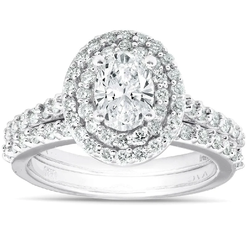 G/SI 1.86Ct Oval Diamond Double Halo Engagement Wedding Ring Set 14k White Gold