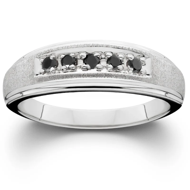 Mens Black Diamond White Gold Ring Brushed Wedding Band