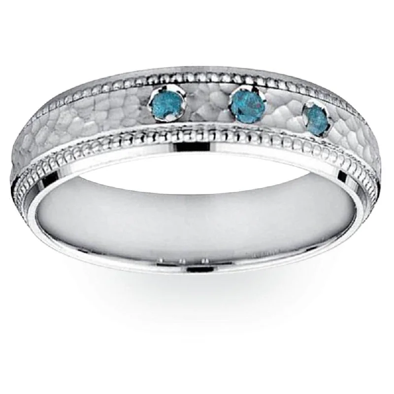 Mens Blue Diamond Hammered White Gold Wedding Band