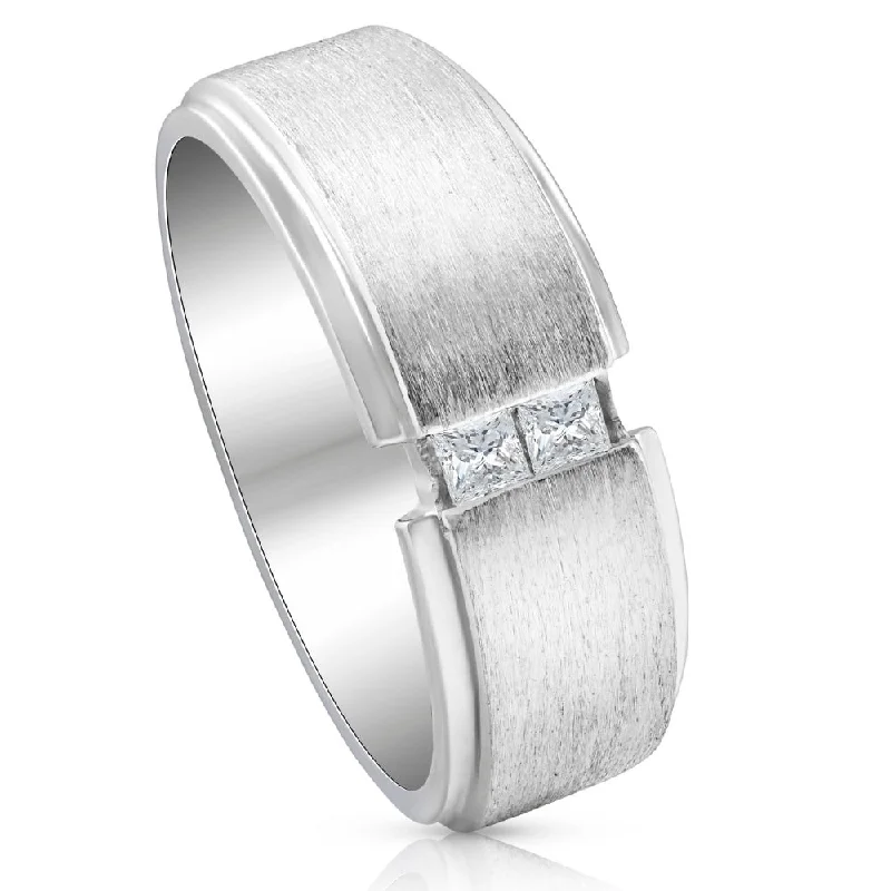 Mens White Gold Brushed Princess Cut Diamond Wedding Ring