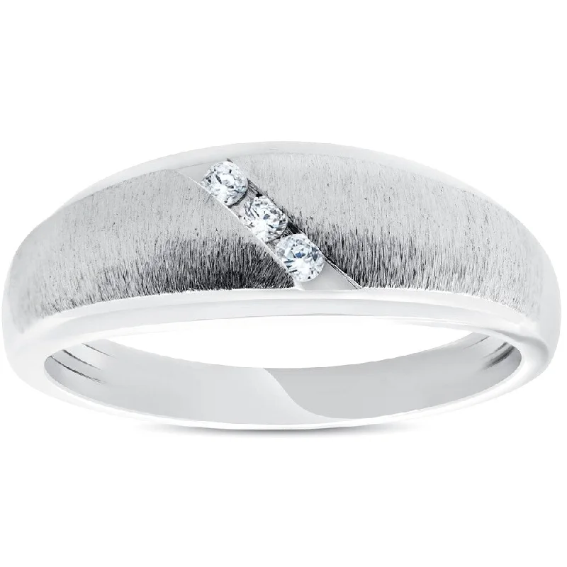 Pompeii3 10k White Gold 1/10 ct TDW Diamond Three Stone Mens Ring High Brushed Dome Wedding Band