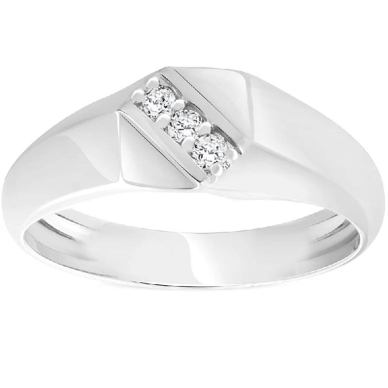 Pompeii3 10k White Gold 1/10ct TDW Diamond Three Stone Ring Mens Wedding Anniversary Band