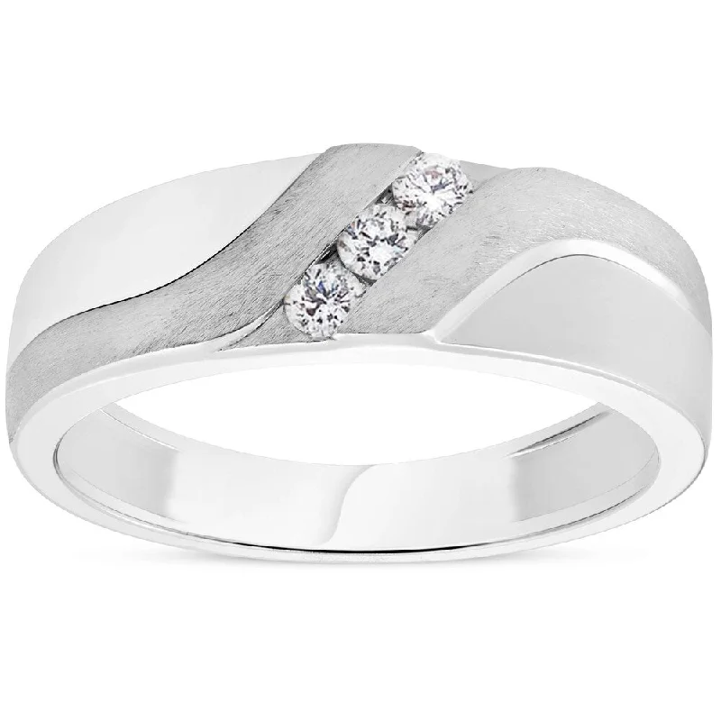 Pompeii3 10k White Gold 1/5ct TDW Diamond Mens Brushed Wedding Three Stone Ring Band