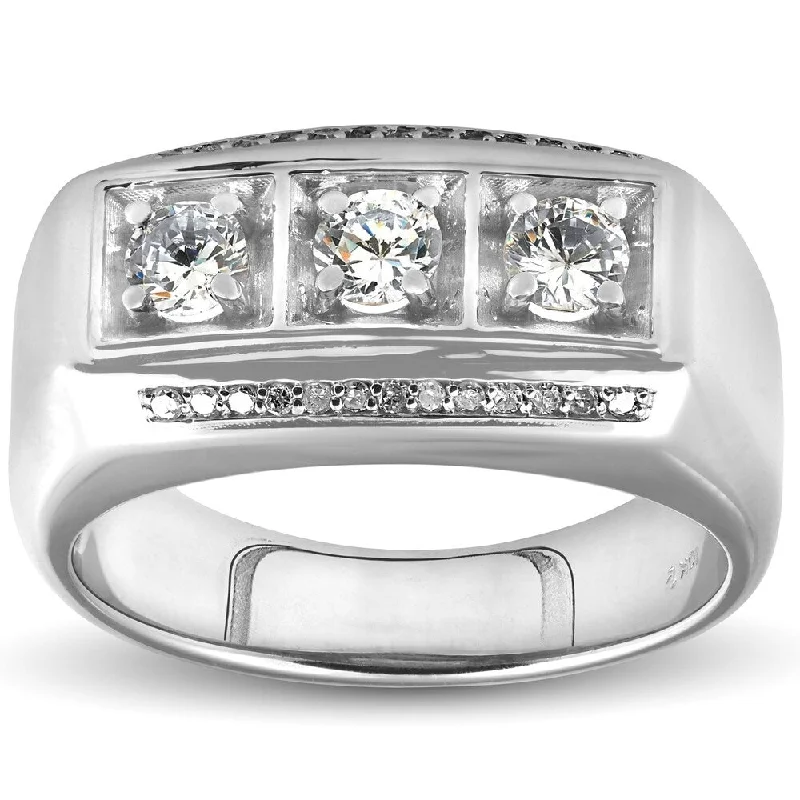 Pompeii3 10k White Gold 1ct TDW Diamond Mens Three Stone Wedding Anniversary Ring