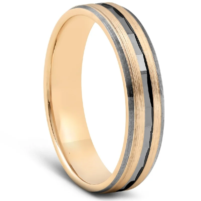 Pompeii3 10k Yellow & Black Gold Mens Brushed Diamond Cut Wedding Band