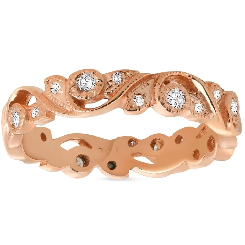 Pompeii3 14k Rose Gold 1/4 ct TDW Diamond Wedding Leaft Ring Stackable Vine Vtinage Womens Anniversary Band - White