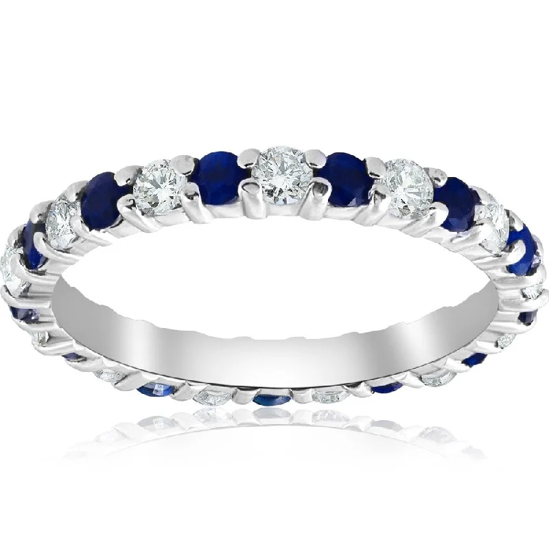 Pompeii3 14k White Gold 1 1/2 Ct TW Blue Sapphire & Diamond Eternity Ring Womens Stackable Wedding Anniversary Band