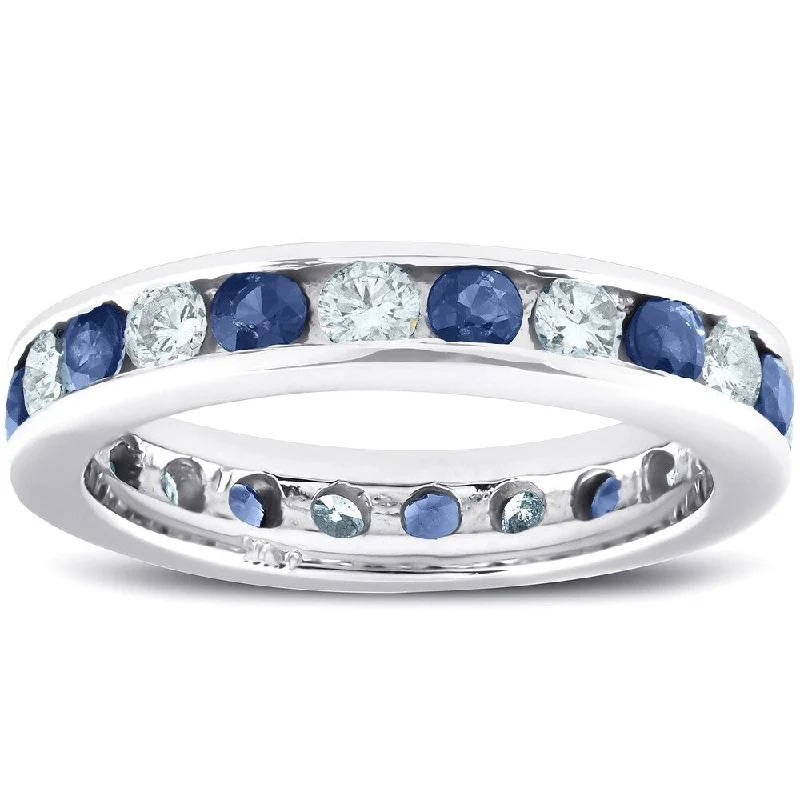 Pompeii3 14k White Gold 2 Ct Blue Sapphire & Diamond Eternity Ring Womens Wedding Stackable Anniversary Band