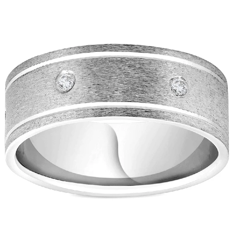 Pompeii3 950 Platinum 8MM Flat Brushed Diamond Mens Comfort Fit Wedding Band Ring - White