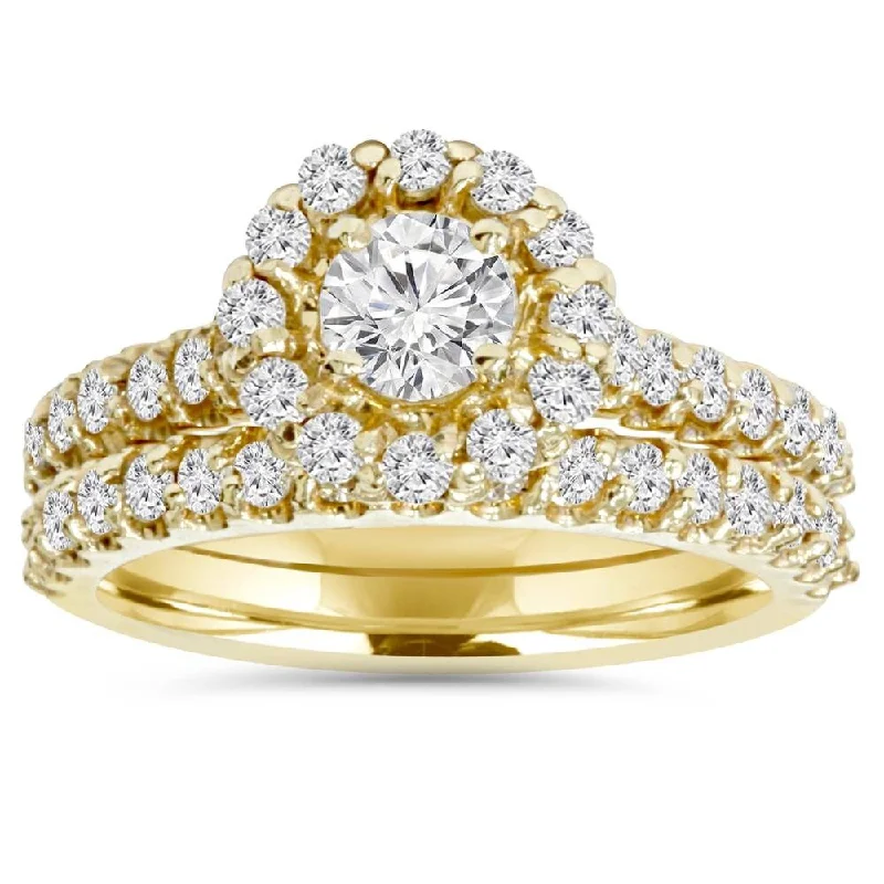 SI 1 7/8ct Halo Diamond Engagement Ring Wedding Band Set 14K Yellow Gold SZ 8