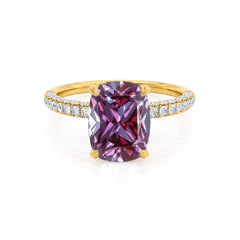 COCO - Chatham® Elongated Cushion Cut Alexandrite 18k Yellow Gold Petite Hidden Halo Triple Pavé