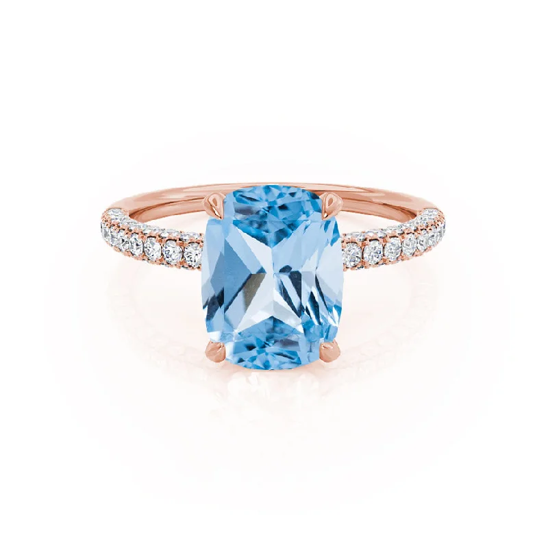 COCO - Chatham® Elongated Cushion Cut Aqua Spinel 18k Rose Gold Petite Hidden Halo Triple Pavé