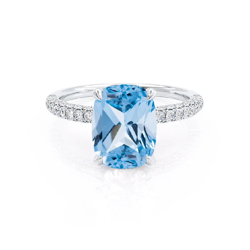 COCO - Chatham® Elongated Cushion Cut Aqua Spinel 18k White Gold Petite Hidden Halo Triple Pavé