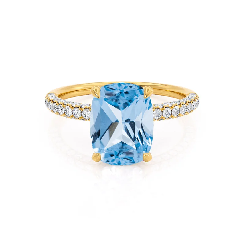 COCO - Chatham® Elongated Cushion Cut Aqua Spinel 18k Yellow Gold Petite Hidden Halo Triple Pavé