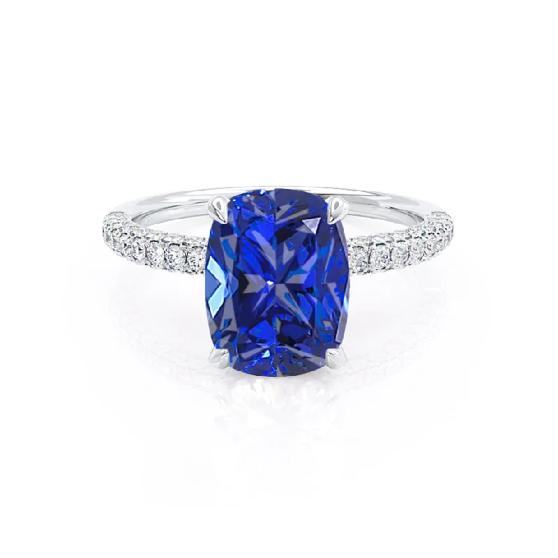 COCO - Chatham® Elongated Cushion Cut Blue Sapphire 18k White Gold Petite Hidden Halo Triple Pavé