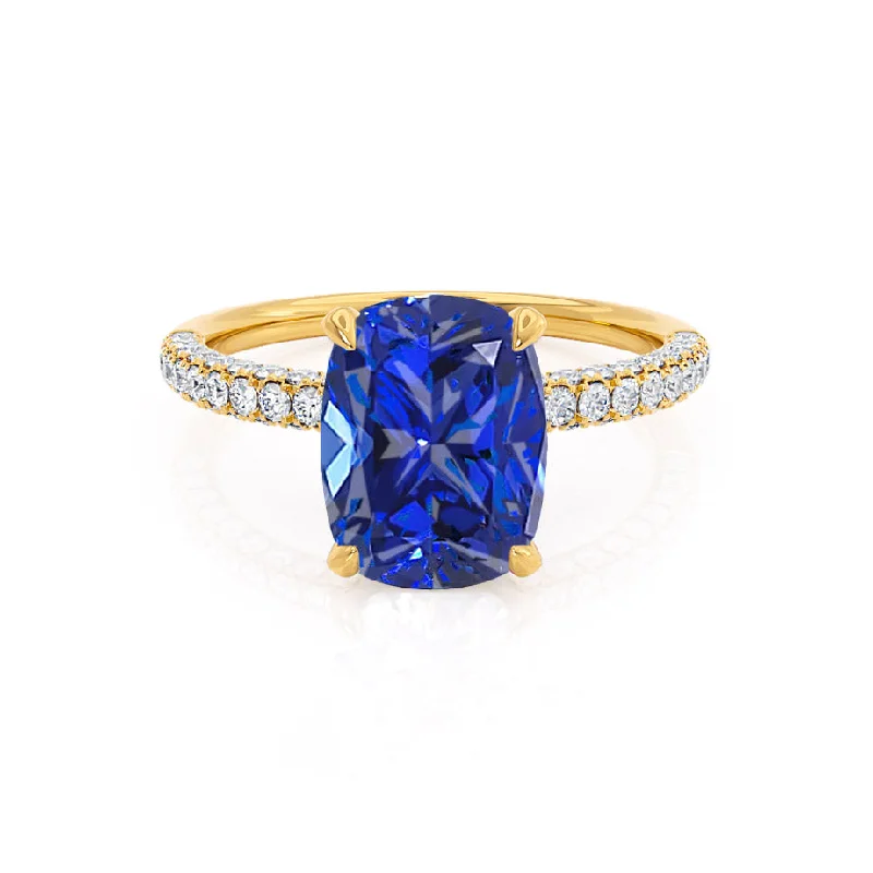 COCO - Chatham® Elongated Cushion Cut Blue Sapphire 18k Yellow Gold Petite Hidden Halo Triple Pavé