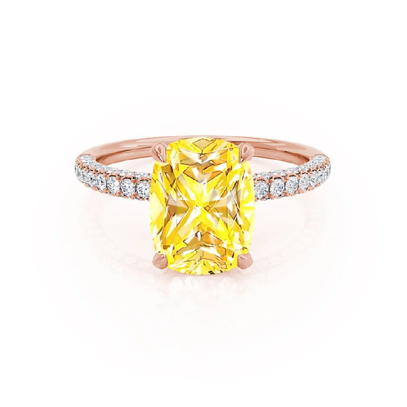 COCO - Chatham® Elongated Cushion Cut Yellow Sapphire 18k Rose Gold Petite Hidden Halo Triple Pavé