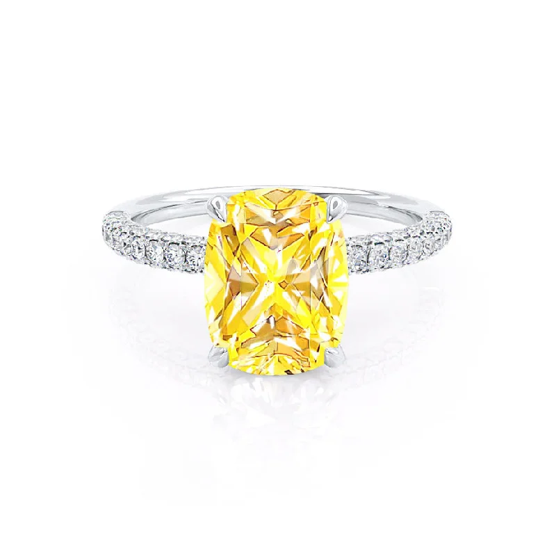 COCO - Chatham® Elongated Cushion Cut Yellow Sapphire 18k White Gold Petite Hidden Halo Triple Pavé