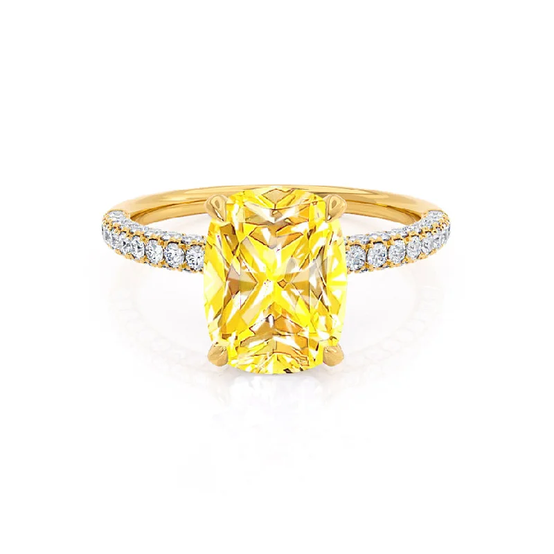 COCO - Chatham® Elongated Cushion Cut Yellow Sapphire 18k Yellow Gold Petite Hidden Halo Triple Pavé