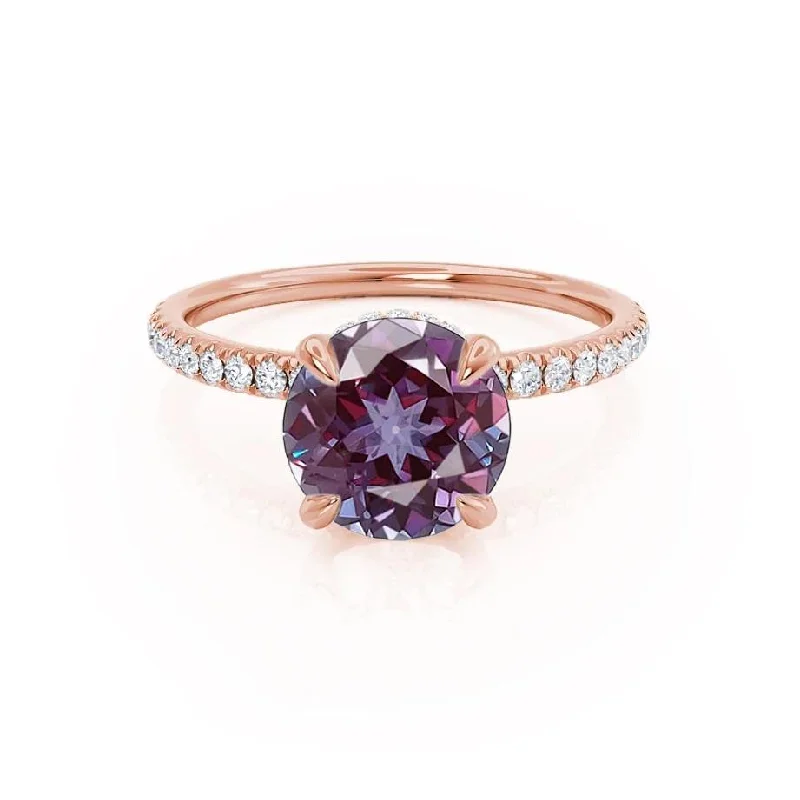 LIVELY - Chatham® Round Alexandrite 18k Rose Gold Petite Hidden Halo Pavé Shoulder Set Ring