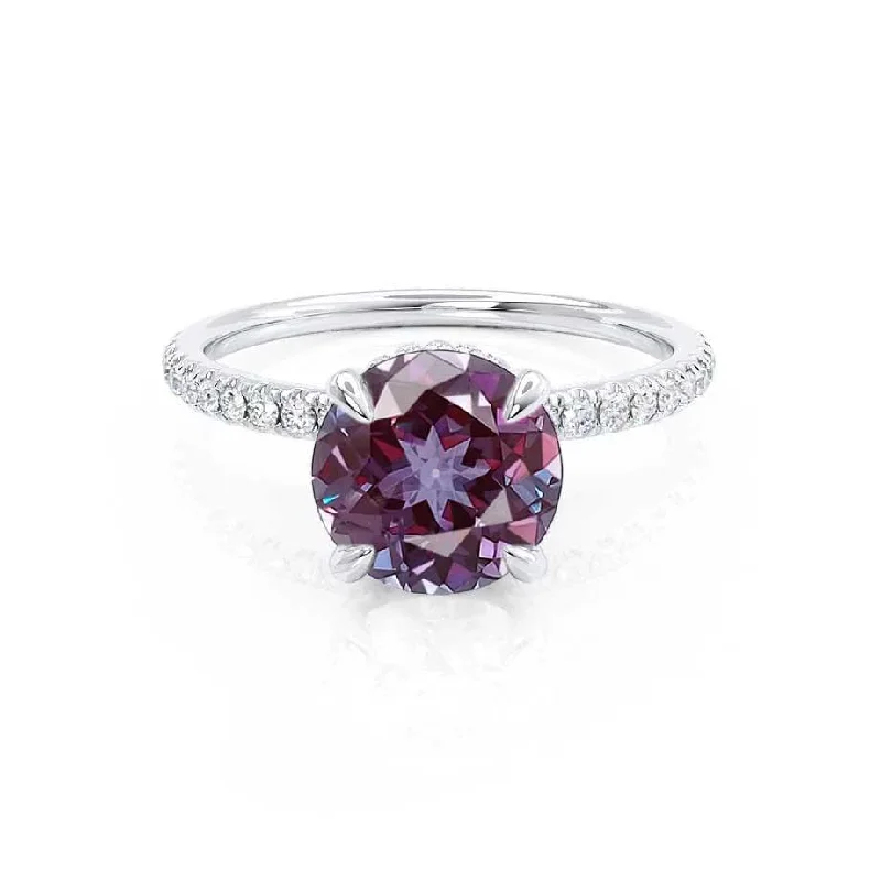 LIVELY - Chatham® Round Alexandrite 18k White Gold Petite Hidden Halo Pavé Shoulder Set Ring