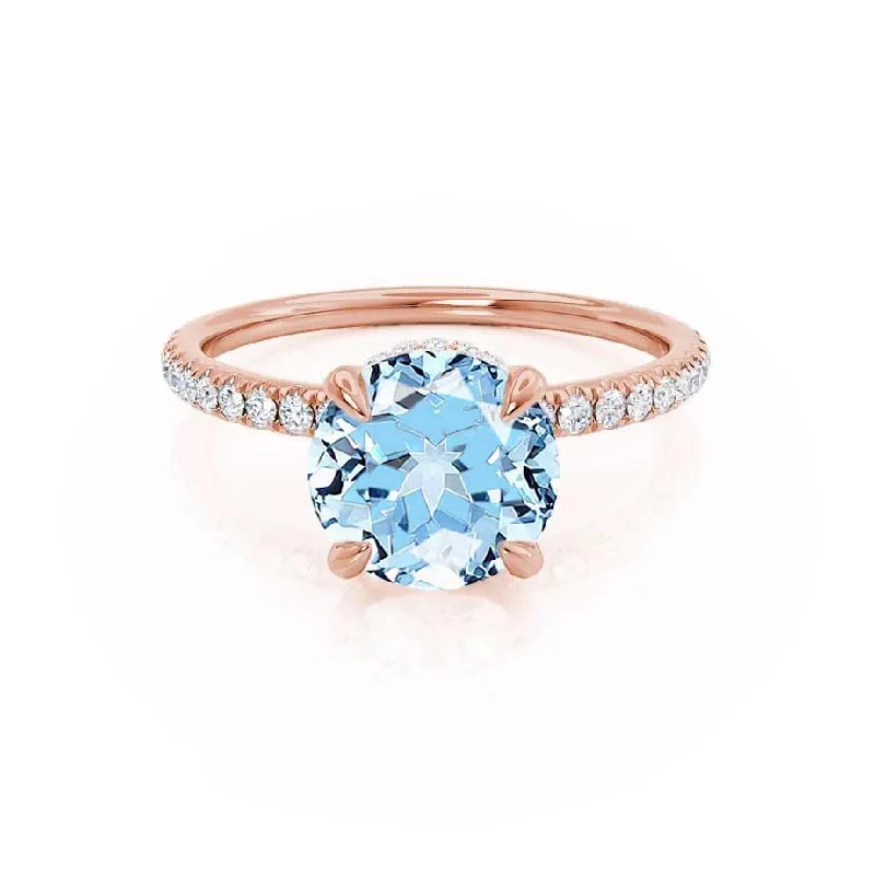 LIVELY - Chatham® Round Aqua Spinal 18k Rose Gold Petite Hidden Halo Pavé Shoulder Set Ring