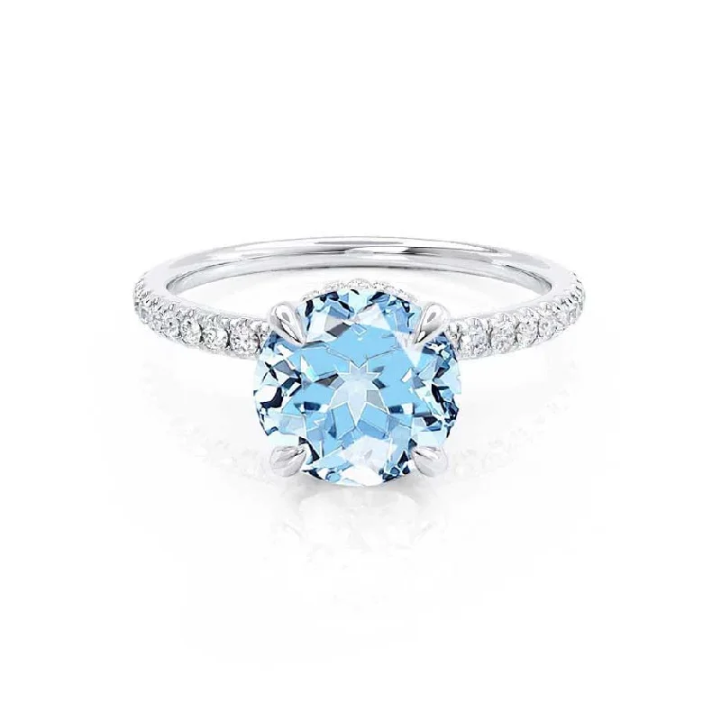 LIVELY - Chatham® Round Aqua Spinal 18k White Gold Petite Hidden Halo Pavé Shoulder Set Ring