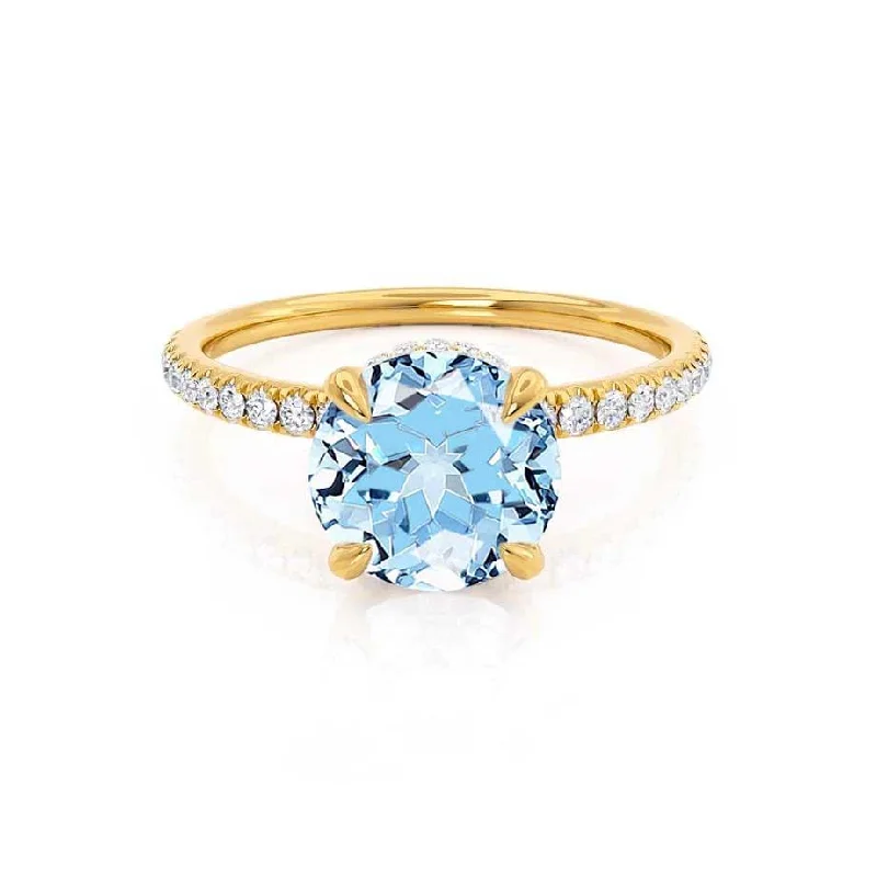 LIVELY - Chatham® Round Aqua Spinal 18k Yellow Gold Petite Hidden Halo Pavé Shoulder Set Ring