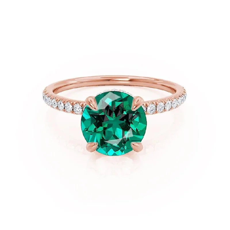 LIVELY - Chatham® Round Emerald 18k Rose Gold Petite Hidden Halo Pavé Shoulder Set Ring