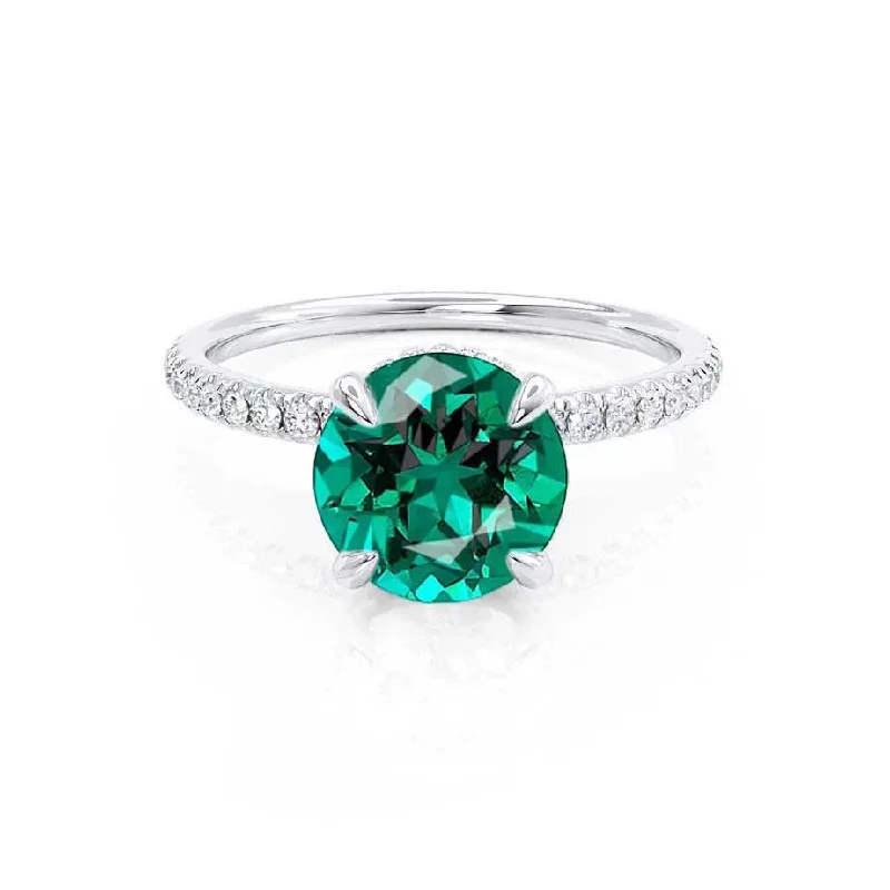 LIVELY - Chatham® Round Emerald 18k White Gold Petite Hidden Halo Pavé Shoulder Set Ring